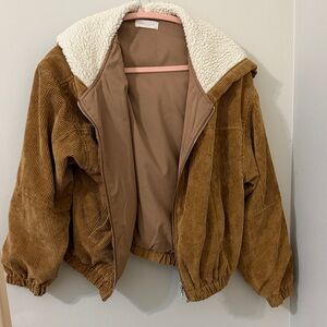 vestique Brown Corduroy Bomber Jacket with Cream Sherpa Hood